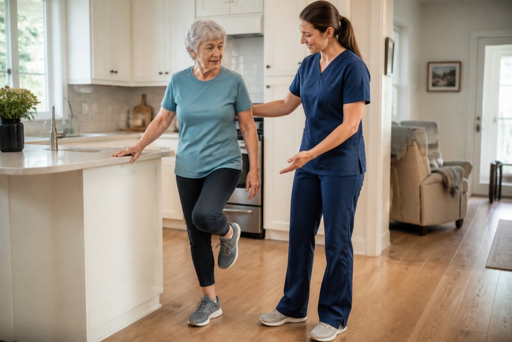 Physical therapist guiding an older adult through balance exercises in a home setting to aid fall recovery.