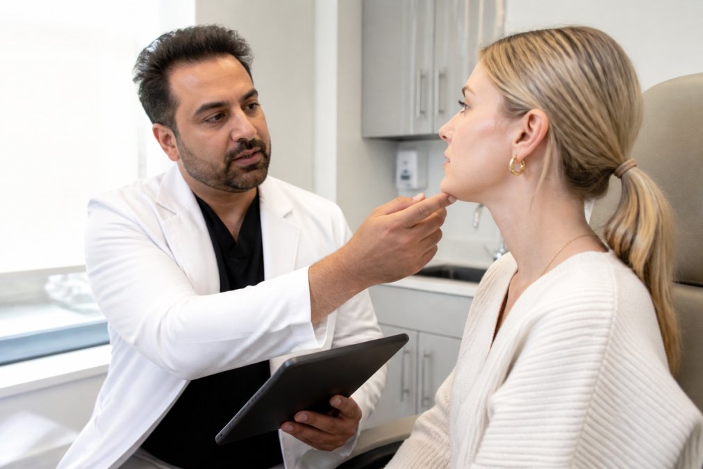 A board-certified physician in a white coat carefully examining a female patient's facial features in a bright, modern medical aesthetics clinic, pointing to a treatment plan on a tablet