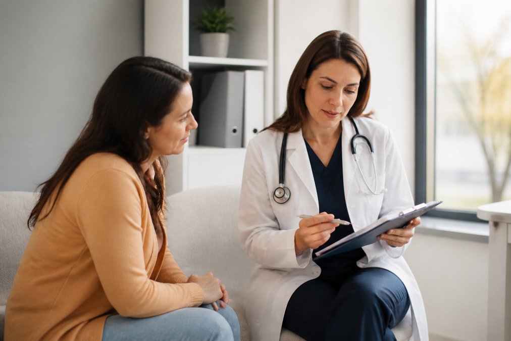 A doctor in a white coat reviewing a patient's chart in a bright, modern medical office, with the patient seated nearby engaged in conversation