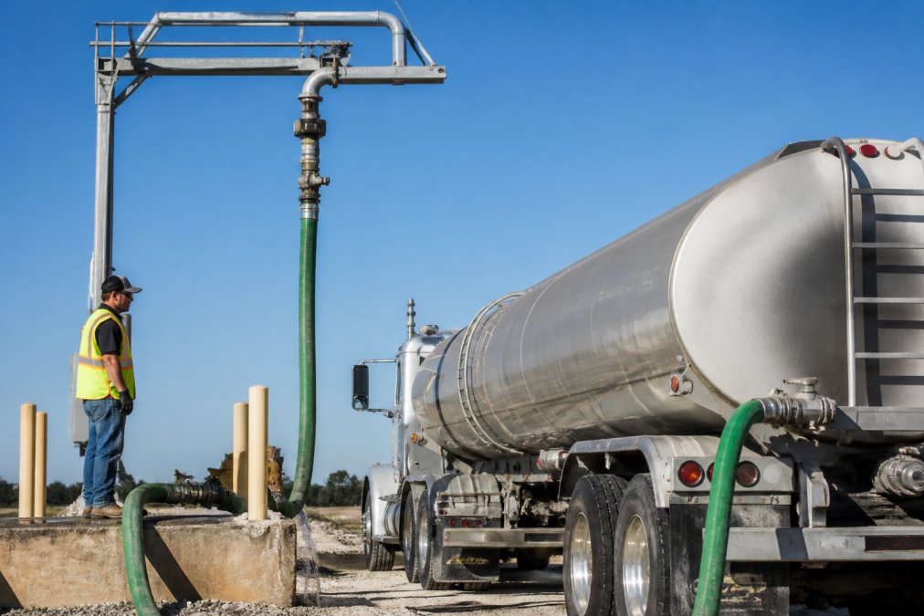A large industrial water tanker truck being filled at a bulk water station in a rural Texas setting, with a worker in a high-visibility vest monitoring the fill process under bright midday sunlight