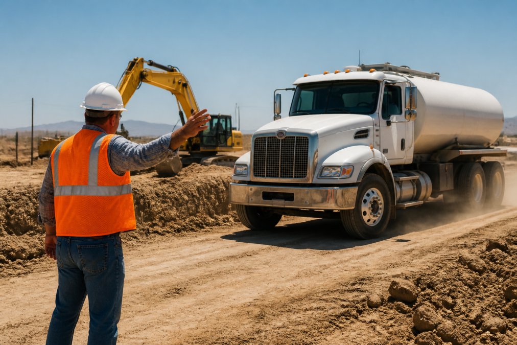 A construction site operations manager in a hard hat and orange safety vest directing a water tanker truck alongside active excavation equipment on a dry, sun-baked Texas worksite