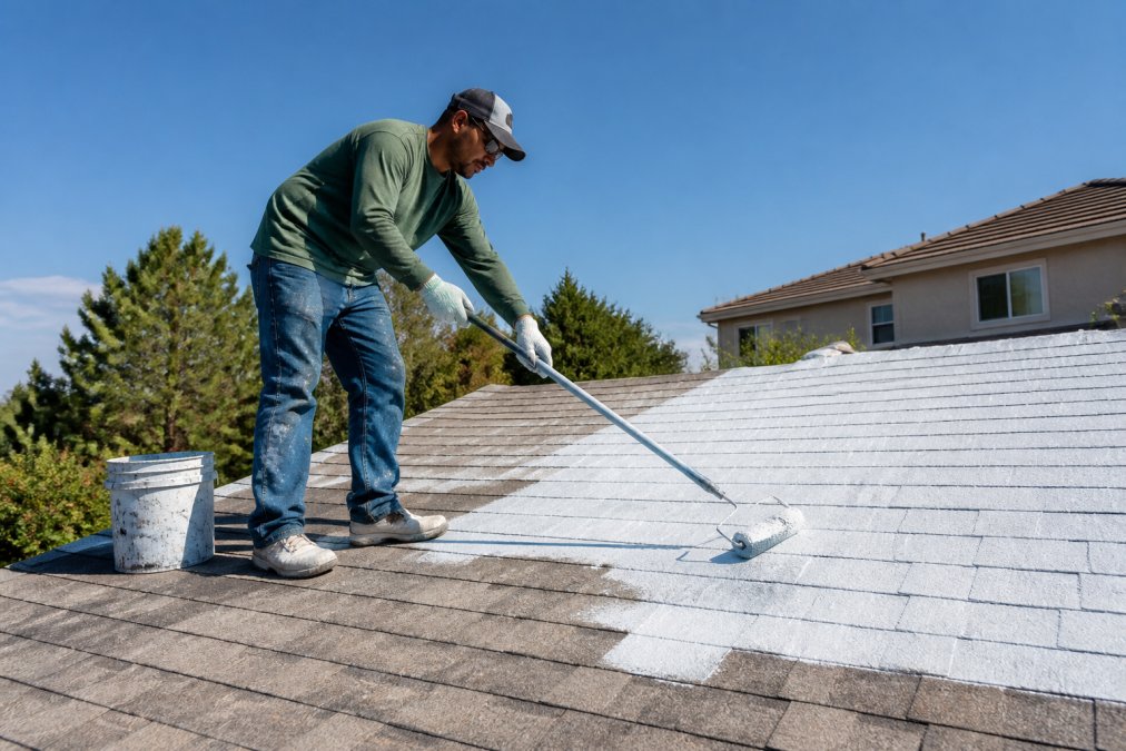 A professional contractor in work clothes applying a light-colored coating to an asphalt shingle roof on a sunny day, with a residential home and clear blue sky in the background