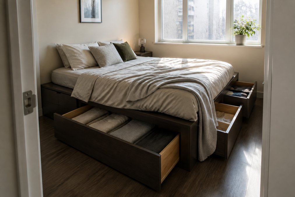 Compact bedroom in small apartment with platform bed featuring built-in storage drawers, showing organized interior with clothing and bedding neatly stored, natural morning light streaming through window