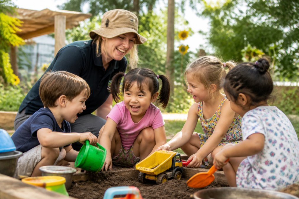 Group of young children playing together outdoors in a garden setting, sharing toys and interacting with genuine smiles and laughter, natural sunlight filtering through trees