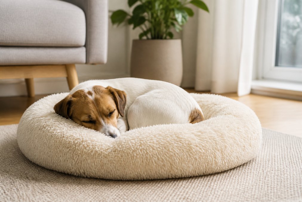 A small dog curled up asleep on a soft, cream-colored plush bed placed in a bright, modern living room with natural light
