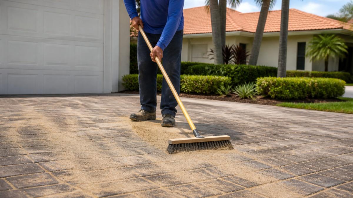 Professional demonstrating proper sweeping technique of polymeric sand into paver joints on a residential driveway, showing even distribution and proper hand positioning