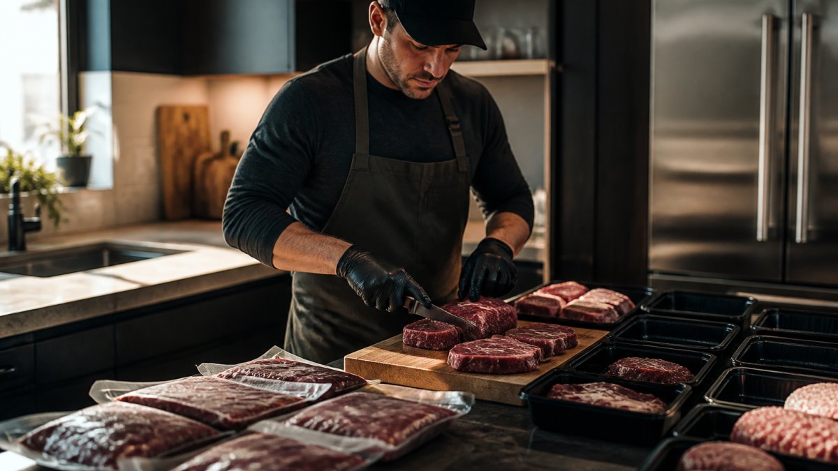 Close-up of hands portioning fresh meat cuts on a clean kitchen counter with meal prep containers and labels visible