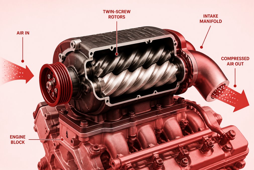 Close-up of twin-screw supercharger rotors mounted on engine block, showing interlocking helical design and intake manifold connection in professional automotive workshop