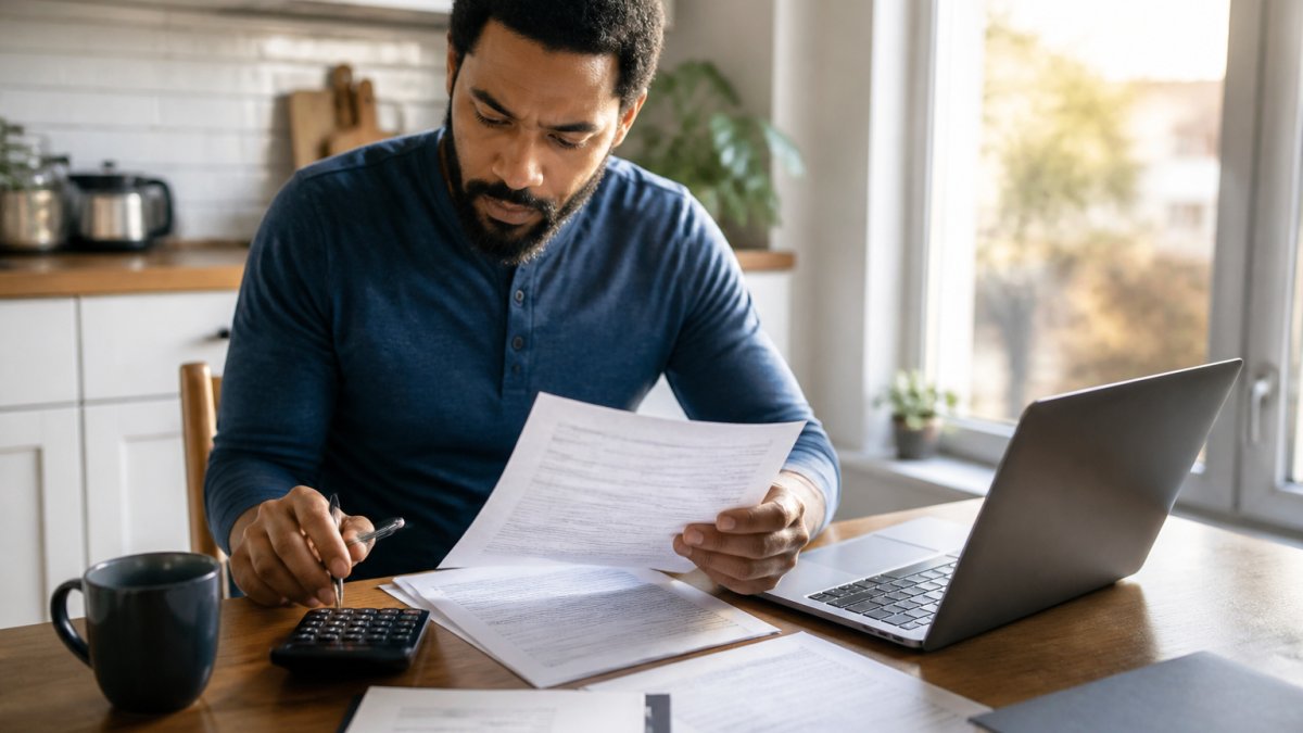 A person reviewing financing paperwork at a kitchen table with a laptop, calculator, and coffee nearby, warm afternoon light through a window