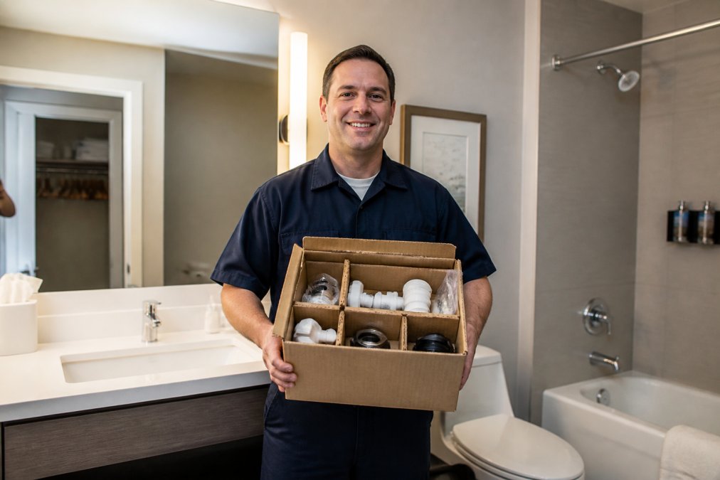A maintenance technician in a navy uniform holding a single open box filled with neatly organized OEM bathroom parts, standing inside a bright, modern hotel bathroom with a white vanity and mirror