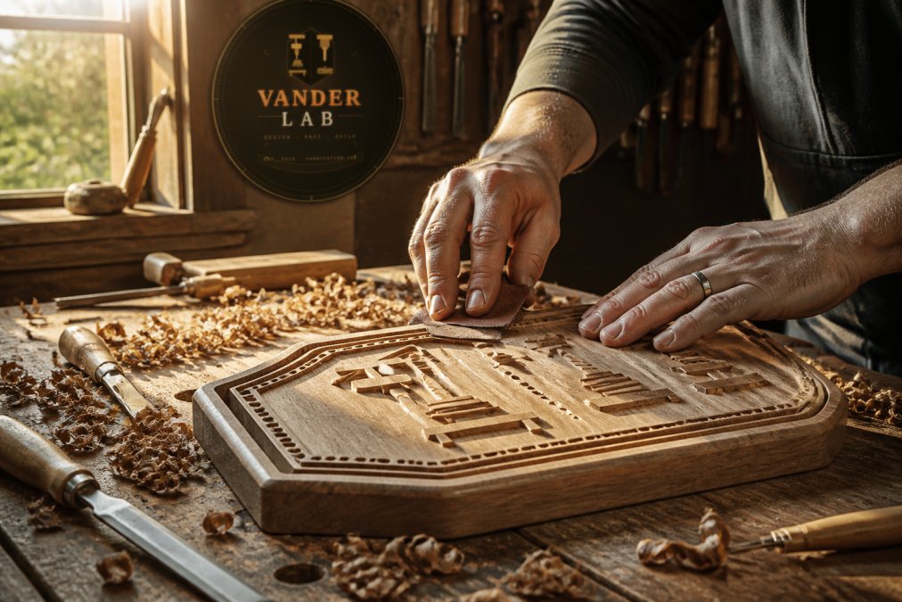 Artist hand-sanding a wooden sign, showing the final steps of cnc routing for artists in a sunlit workshop.