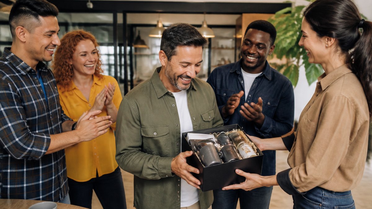 Diverse team in a modern office celebrating whilst presenting a premium gift box to a colleague