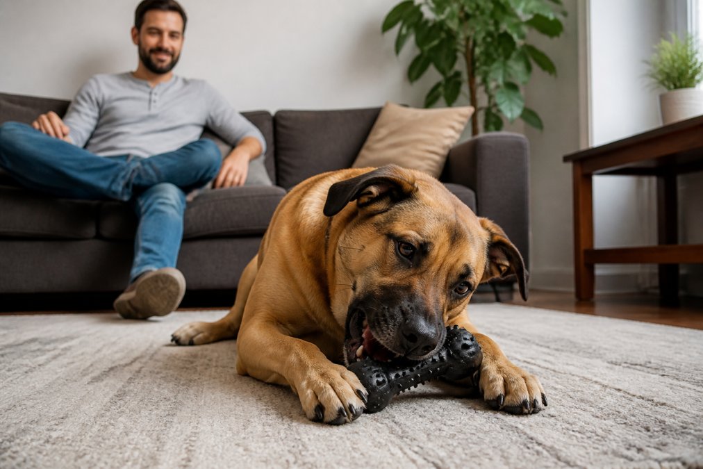 A happy dog chewing on a durable rubber toy while its owner relaxes on a nearby couch with premium pet toys.