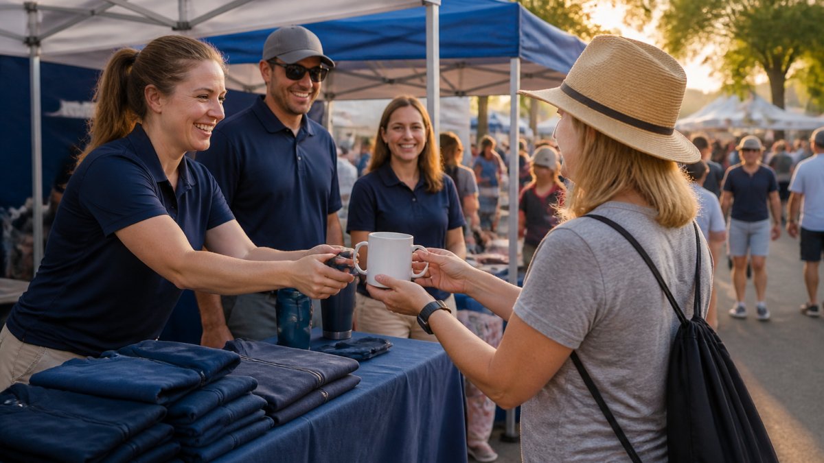 Staff at a fair booth handing premium stainless steel tumblers and ceramic mugs to a visitor during sunset
