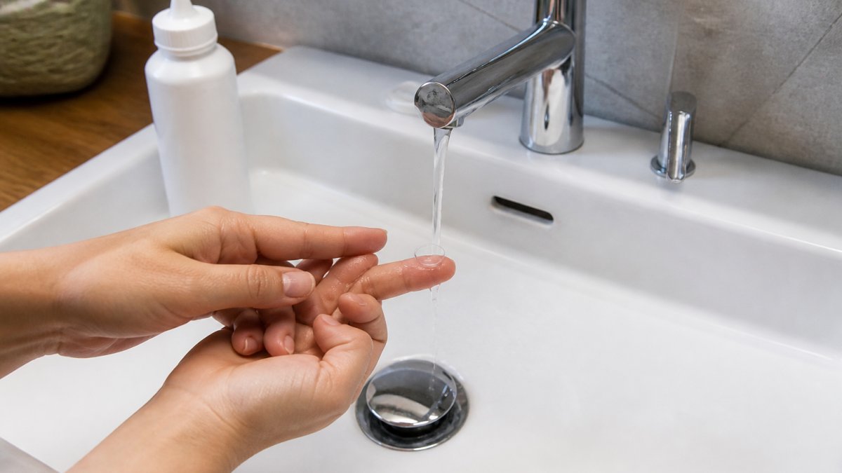 Close-up of hands rinsing a soft contact lens over a bathroom sink with a bottle of preservative-free solution and a clean lens case nearby