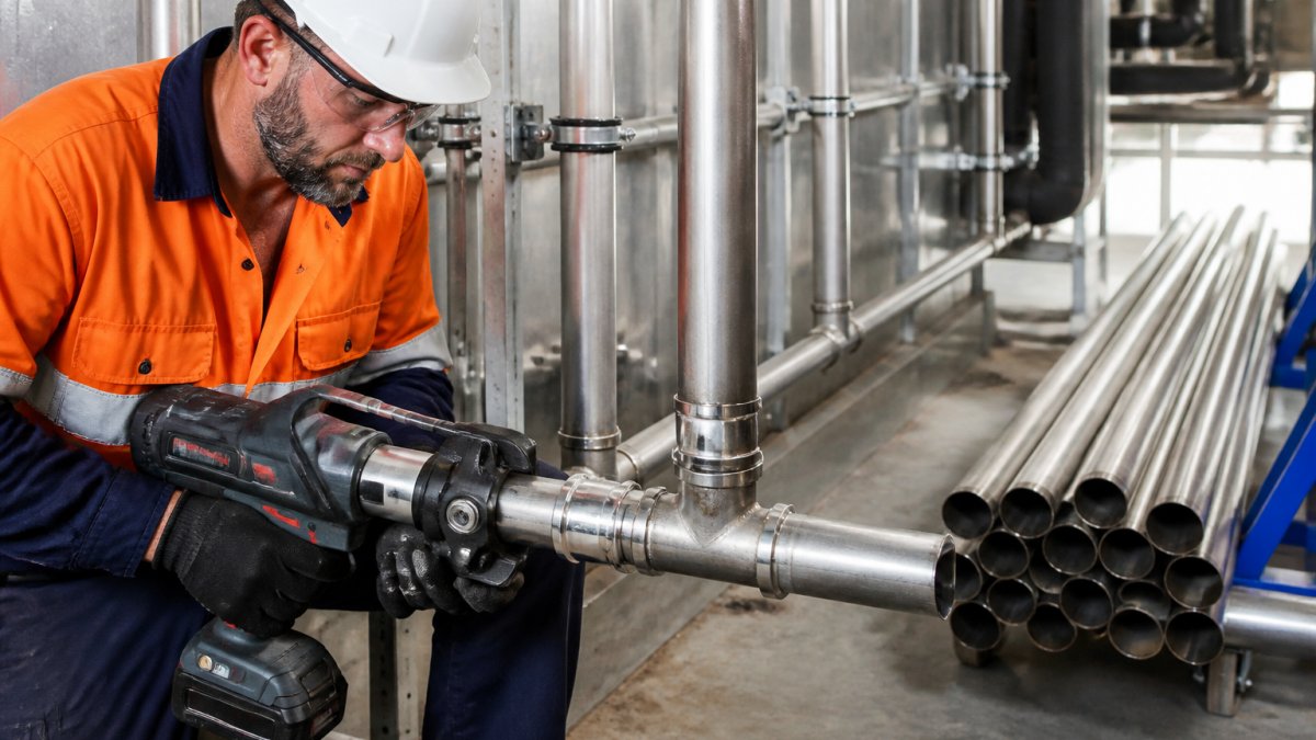 A plumber in safety gear using a cordless press tool with press jaws on a 22 mm stainless steel pipe and equal coupling in a commercial plant room, pipe lengths stacked nearby