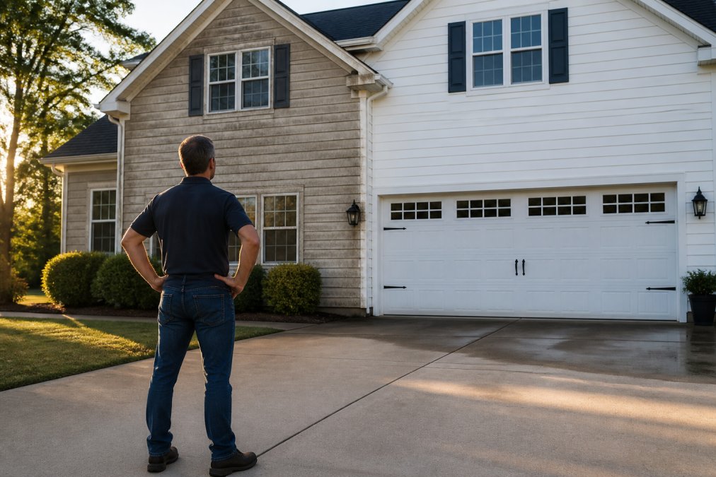 A homeowner standing on a driveway looking at a freshly cleaned house exterior with visible contrast between a dirty section and a clean section of siding, late afternoon sunlight