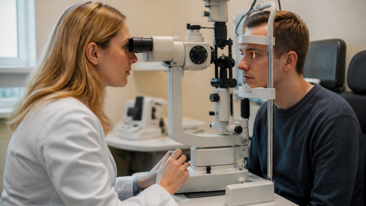 Optometrist performing comprehensive eye exam on adult patient using advanced diagnostic equipment in modern clinical setting with warm lighting