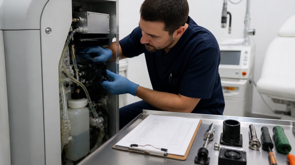 A biomedical technician in blue gloves inspecting the cooling system and optical components of a medical laser device in a clean clinical room, with a checklist and calibration tools on a nearby bench under bright overhead lighting