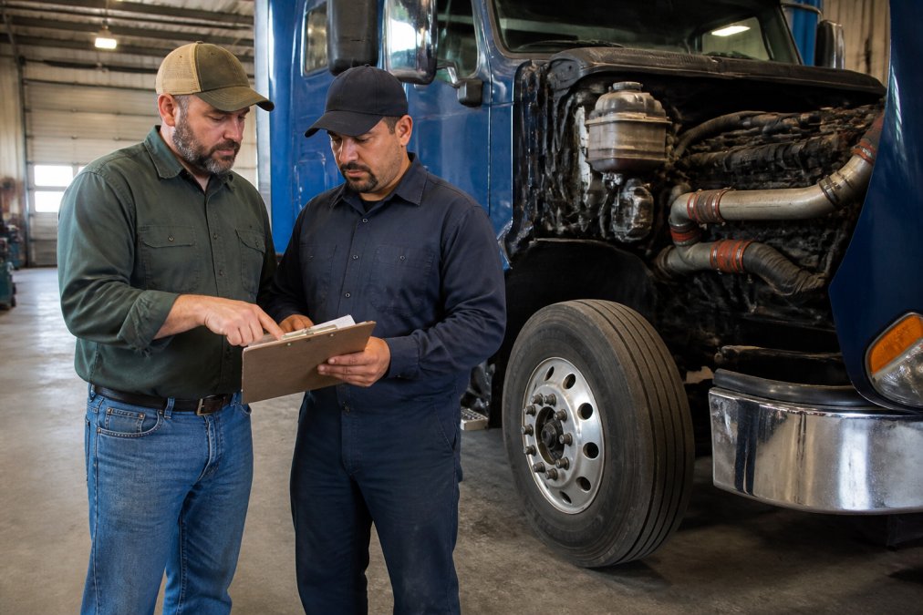 A fleet manager and a heavy-duty diesel technician reviewing a maintenance schedule on a clipboard beside a semi-truck inside a clean repair bay