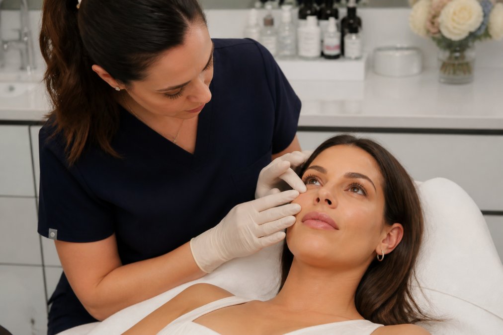 Close-up of a registered nurse in clinical attire gently examining the under-eye area of a patient reclining on a treatment bed in a modern, softly lit aesthetic clinic