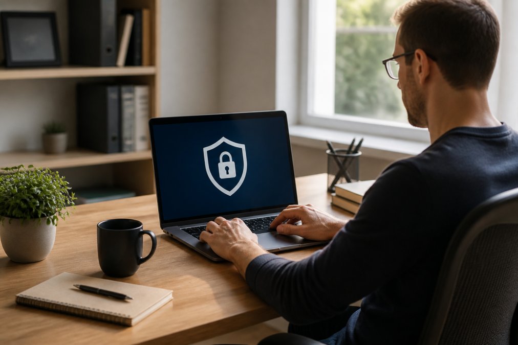 A person using a laptop with a shield icon on the screen, sitting at a clean desk in a home office, natural light