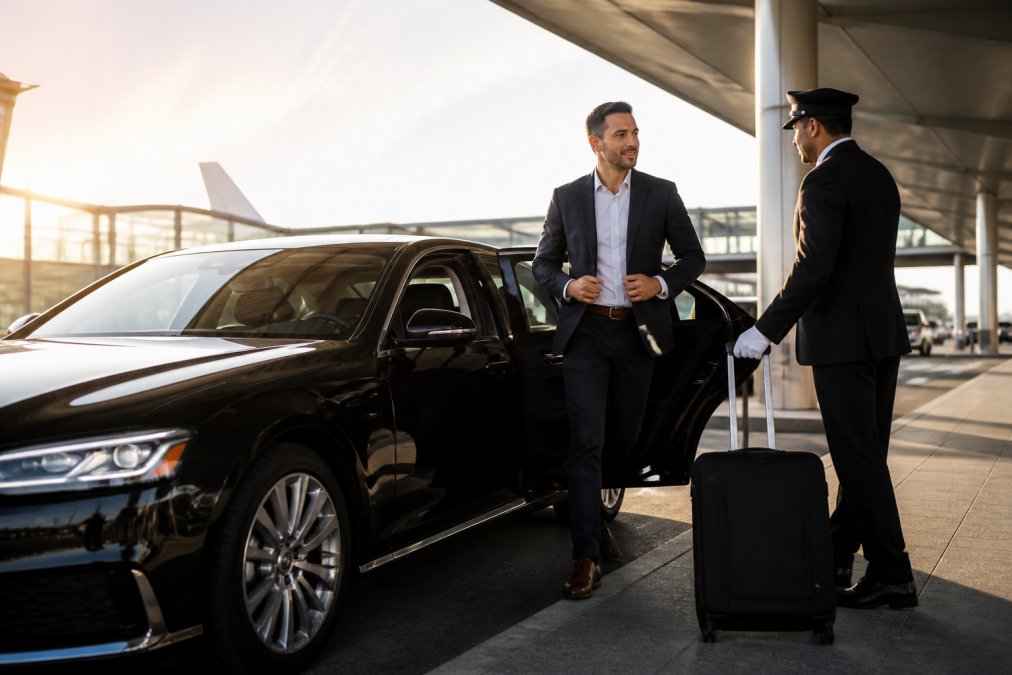 Professional business traveler in suit stepping out of luxury black sedan at airport terminal entrance, with uniformed chauffeur assisting with luggage, morning sunlight on polished car hood
