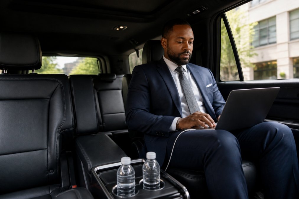 Spacious interior of luxury black SUV with premium leather seating, a business traveler in professional attire working on a laptop with phone charging cable visible, soft ambient lighting, and bottled water in cup holders