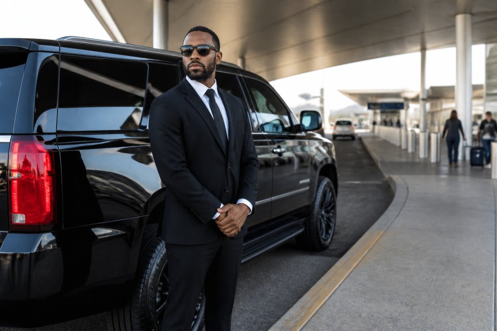 Professional driver in dark business suit standing beside black luxury SUV at airport departure level, displaying professionalism and discreet service demeanor
