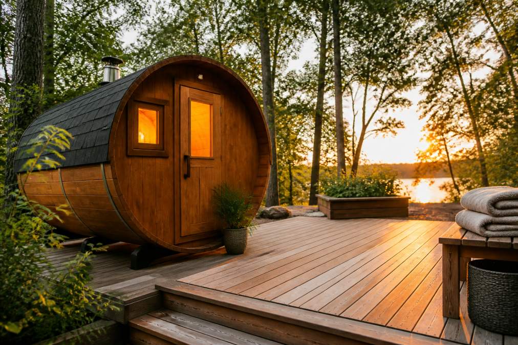 A beautifully designed outdoor barrel sauna in a lush backyard at golden hour, warm amber light glowing through a small cedar-framed window, a wide wooden deck with a stack of folded towels on the bench