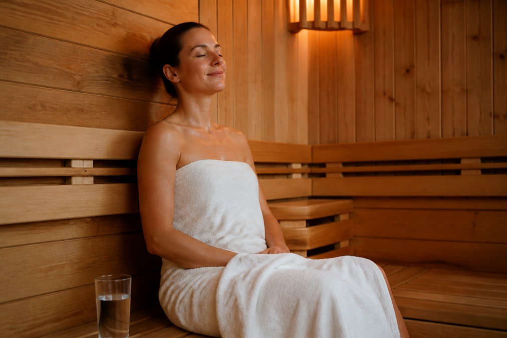 A person wrapped in a thick white towel seated on a cedar bench inside a wood-paneled sauna, eyes closed in relaxation, a glass of water resting on the bench beside them, soft warm light from above