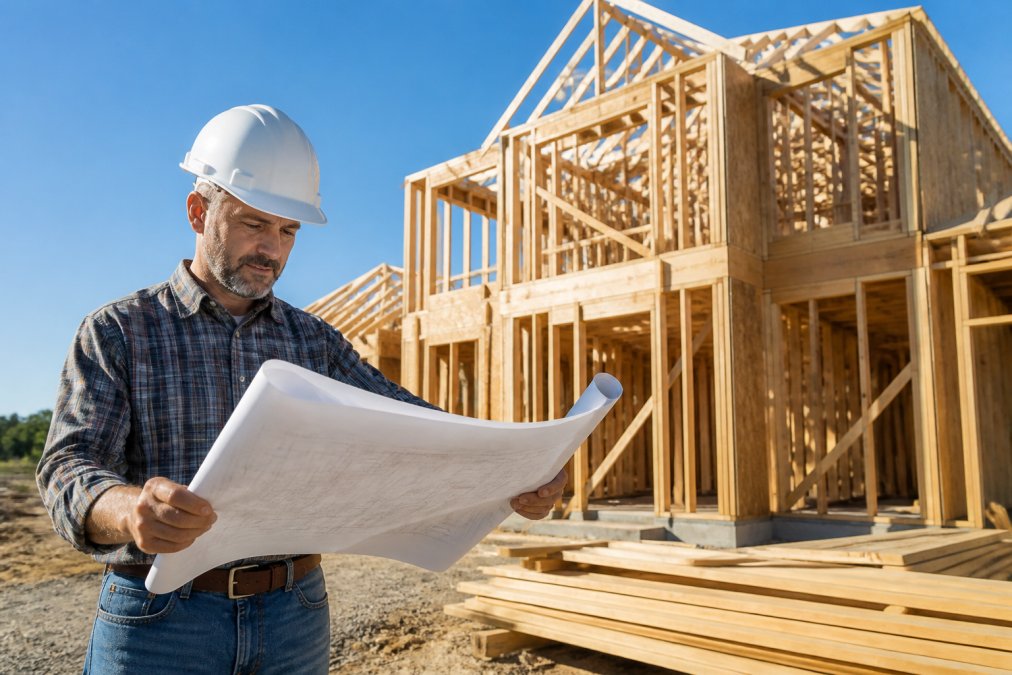 A residential construction site with a builder in a hard hat reviewing blueprints while a house frame stands behind him under a clear sky