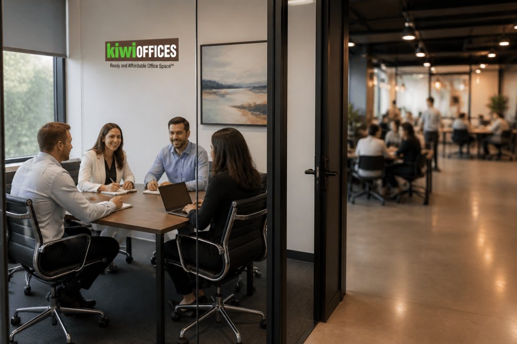 A small team working together inside a quiet, furnished private office suite with a glass door.