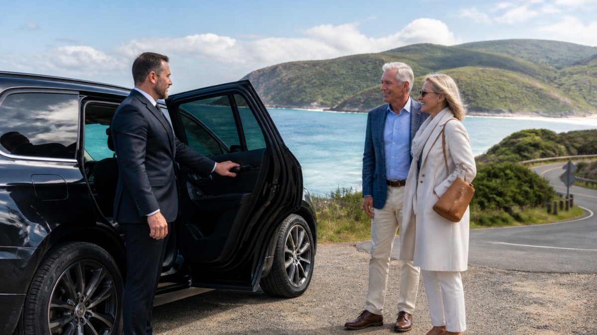 A driver opens the door of a private vehicle Tasmania tour SUV for a couple on a scenic coastal road.