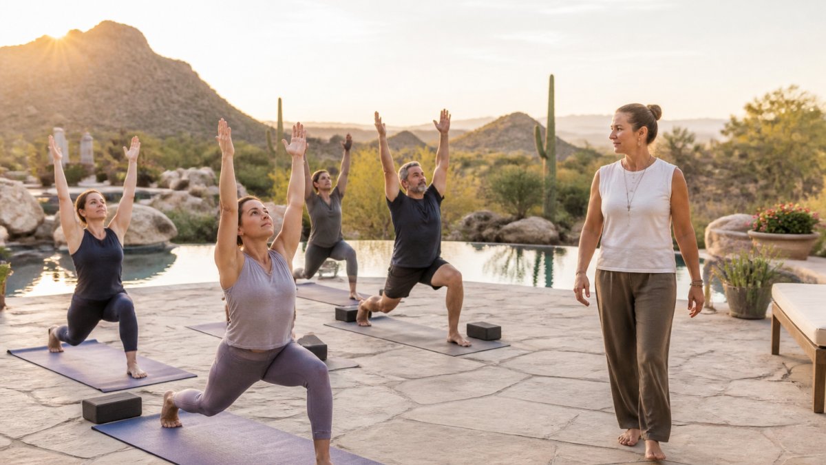 A small group of adults practicing gentle yoga at sunrise on a desert patio, with a pool and mountain backdrop, calm and unhurried atmosphere