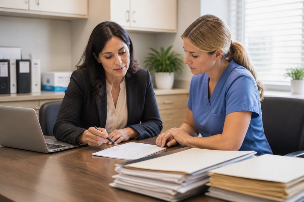 Administrator and consultant reviewing a compliance checklist to realize benefits of proactive healthcare regulatory audits