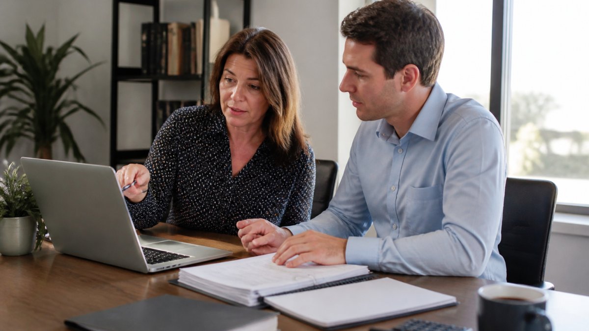 Tax professional and business owner reviewing a proactive tax planning flowchart on a laptop screen
