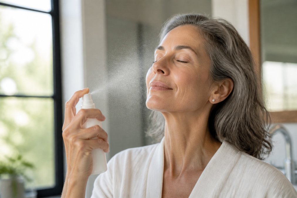 Woman with mature skin applying a refreshing jelly mist as part of her routine with probiotics for mature skin.