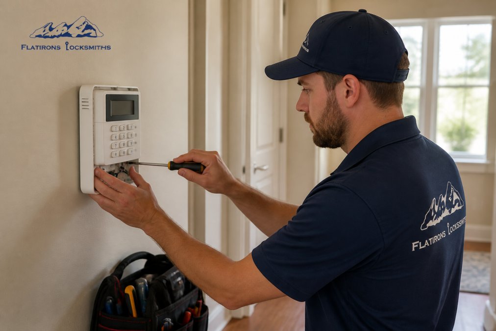 Technician using a screwdriver for professional alarm installation on a residential wall