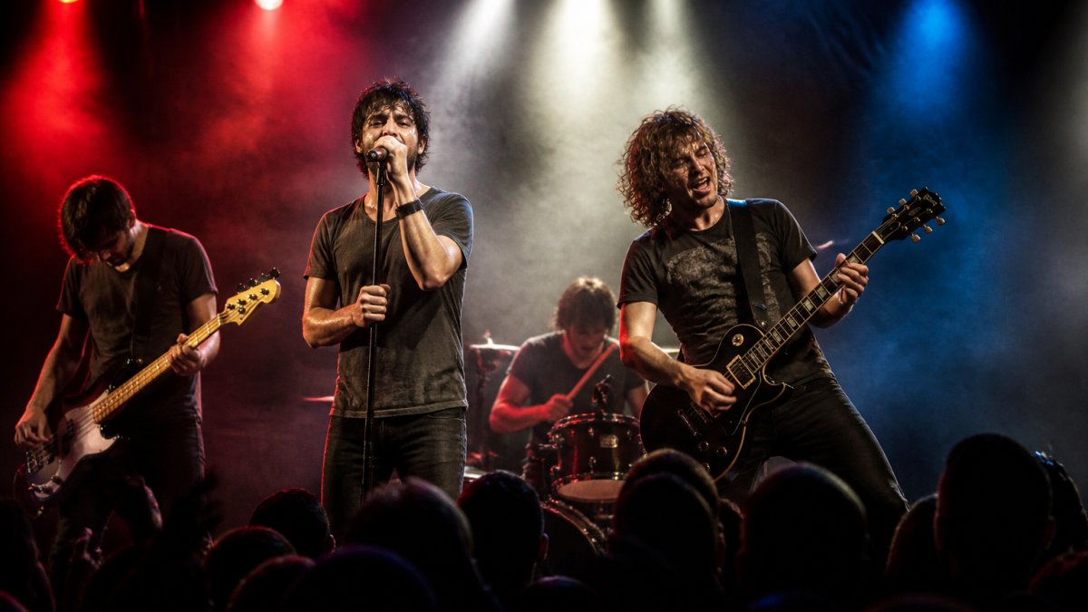 A four-piece band mid-performance under red and blue stage lights, singer gripping a microphone stand while the guitarist leans into a solo, sweat visible on faces, crowd silhouettes in the foreground