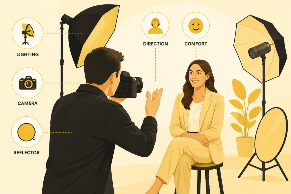 Behind-the-scenes moment during professional photoshoot showing photographer directing subject with studio lighting setup visible, subject in natural relaxed pose demonstrating professional guidance and comfortable direction