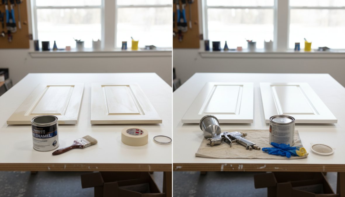 A professional painter in full protective gear using commercial spray equipment to apply a smooth, even finish on kitchen cabinet doors laid flat on a clean workshop table, with bright overhead lighting illuminating the surface