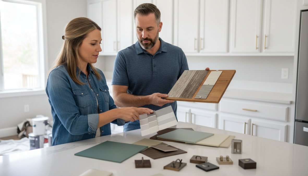 A homeowner and a professional design consultant reviewing paint color swatches and finish samples together at a kitchen countertop, with freshly refinished white shaker cabinets visible in the background under warm overhead lighting