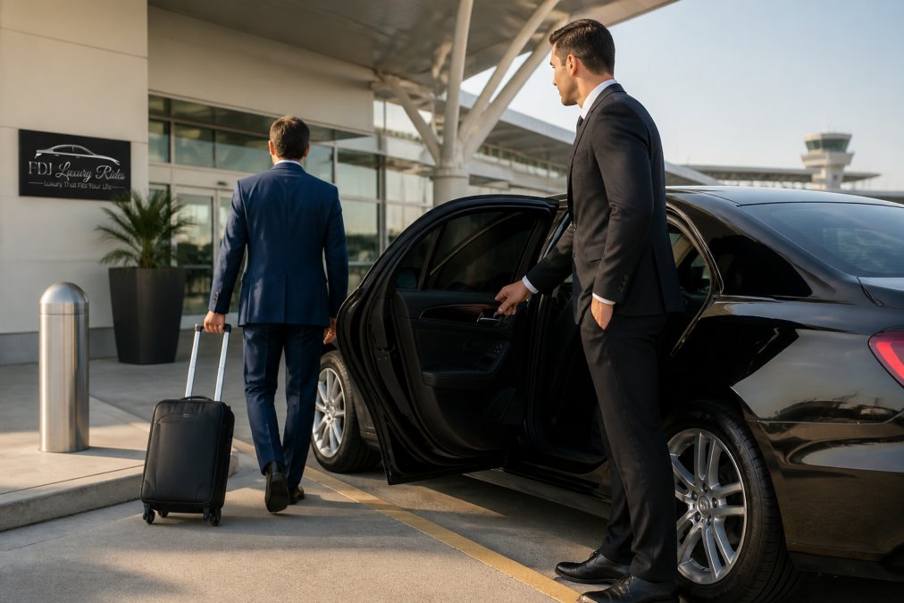 Professional chauffeur services provided as a driver opens a luxury sedan door for a traveler at an airport.