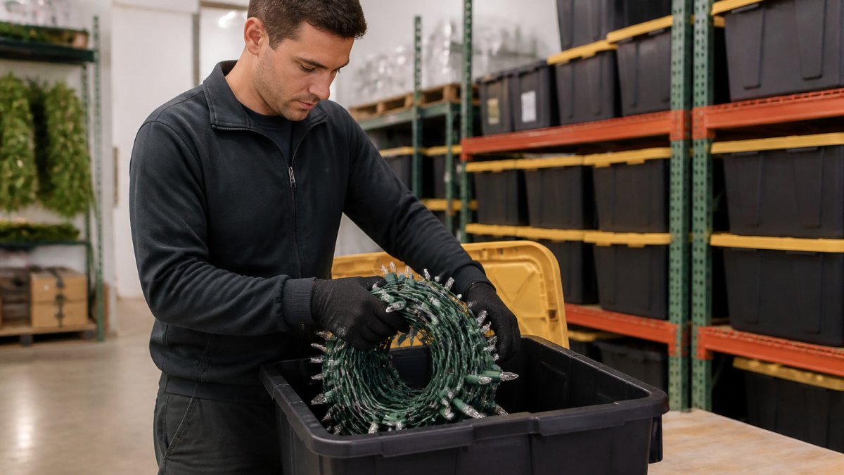 A professional installer carefully coiling a strand of Christmas lights into a labeled storage bin inside a clean, organized warehouse