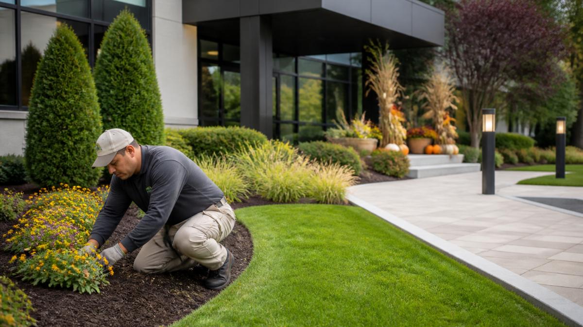 Professional landscaper demonstrating proper lawn maintenance technique on commercial property entrance with manicured grounds, clean landscape beds, and professional hardscaping creating welcoming business exterior