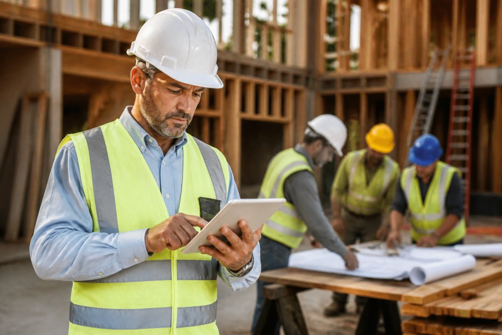 Professional construction site supervisor reviewing detailed project plans and budget documentation on a tablet while subcontractors and workers coordinate tasks in the background