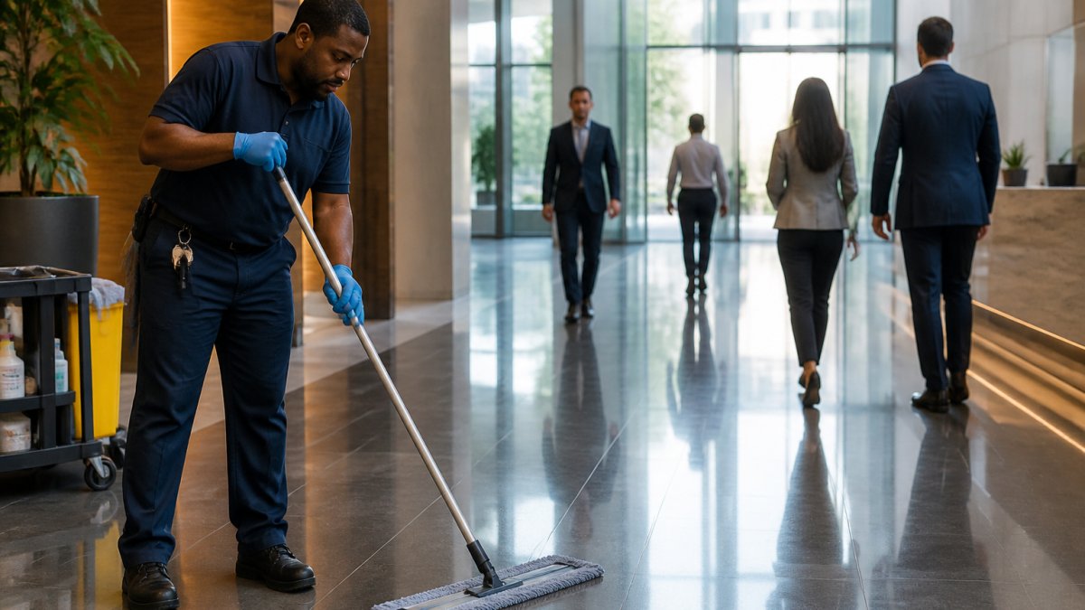 Professional day porter in uniform cleaning lobby floor with microfiber mop while business professionals walk through modern office building during business hours, natural light from large windows