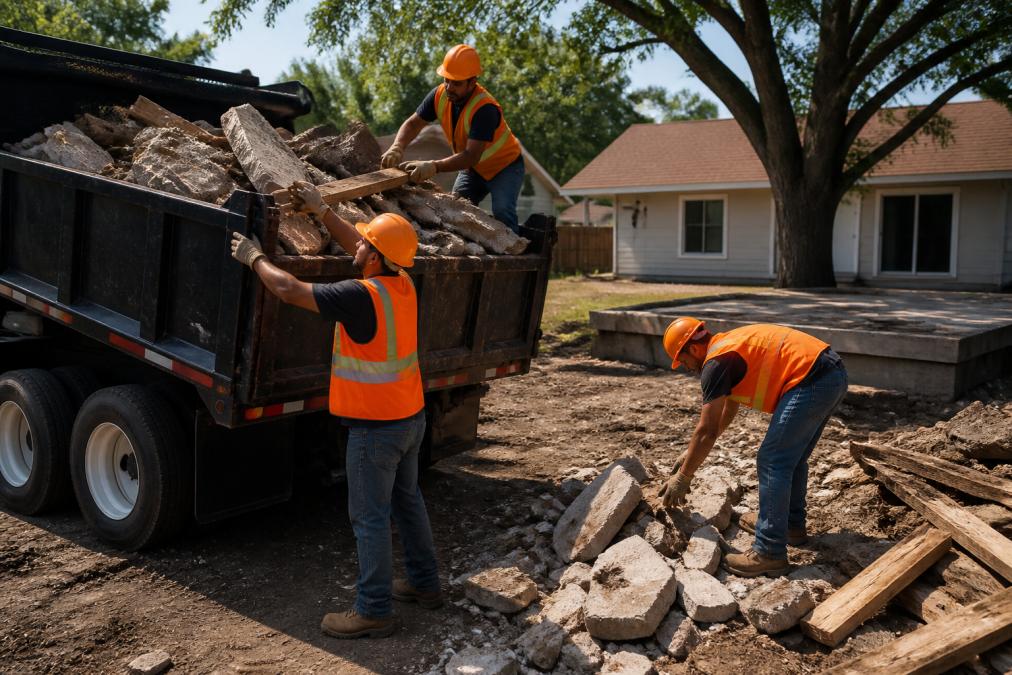 A crew of three workers in orange safety vests and hard hats loading broken concrete and lumber debris into the bed of a heavy-duty hauling truck on a residential property, with a freshly cleared yard and a house foundation visible in the background under bright afternoon sunlight