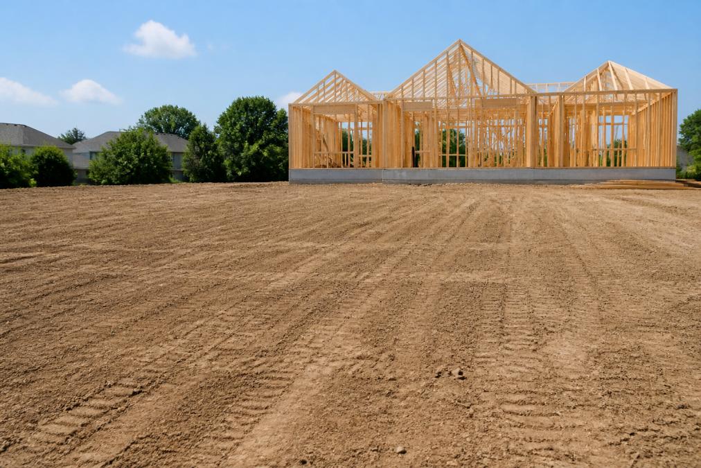 A clean, freshly graded residential lot after debris removal, showing smooth bare soil ready for landscaping preparation, with a new house foundation and framing visible in the background under clear afternoon sky